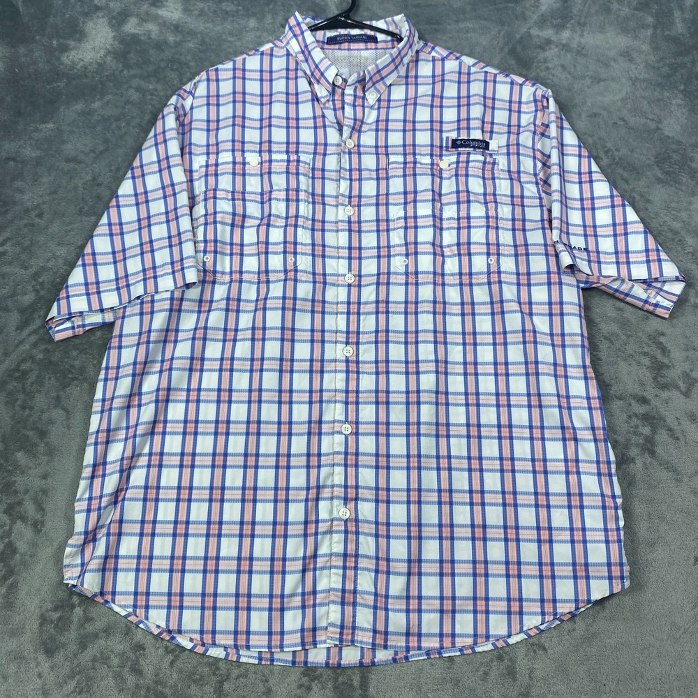 Columbia PFG Shirt Omni-Shade Mens XL Blue Plaid Short Sleeve Button Up Vented